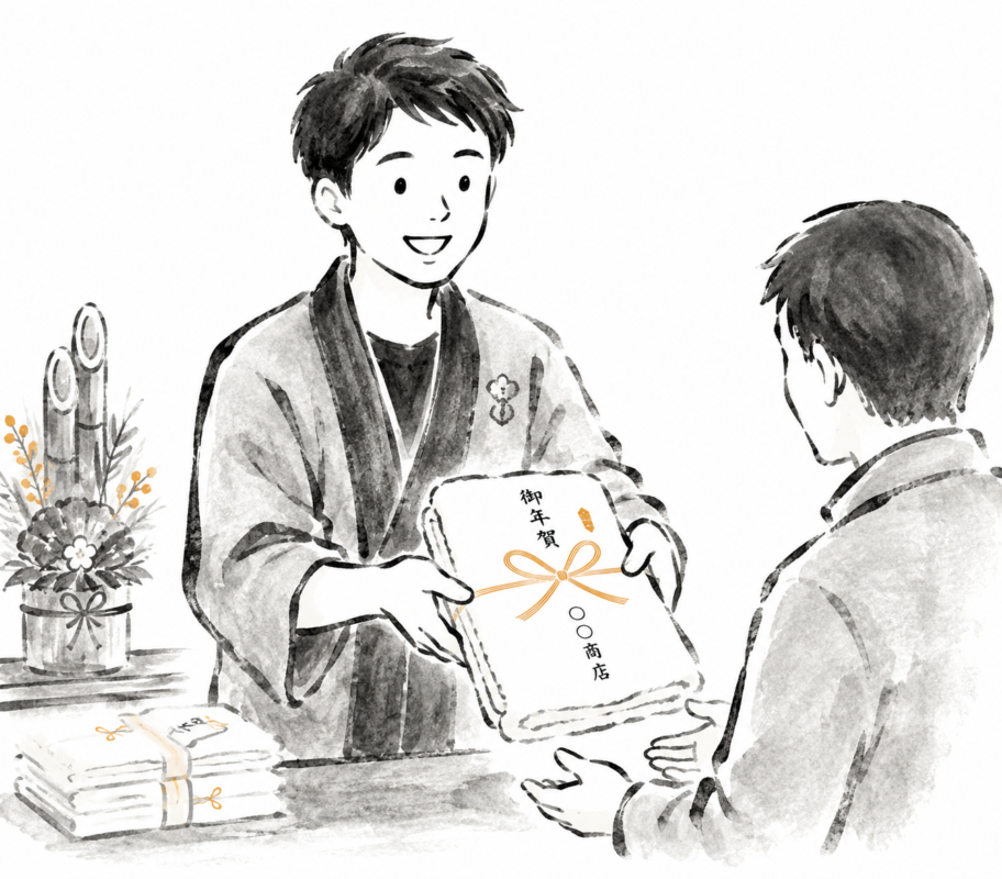 タオルを手渡す人物の墨絵イラスト